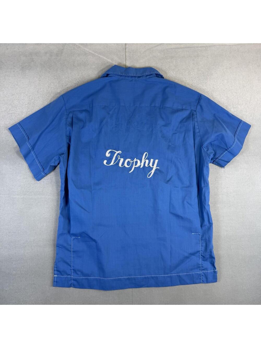 Vintage 70s Hilton Bowling Shirt Mens Medium Blue 'Trophy' Chainstitch Button Up